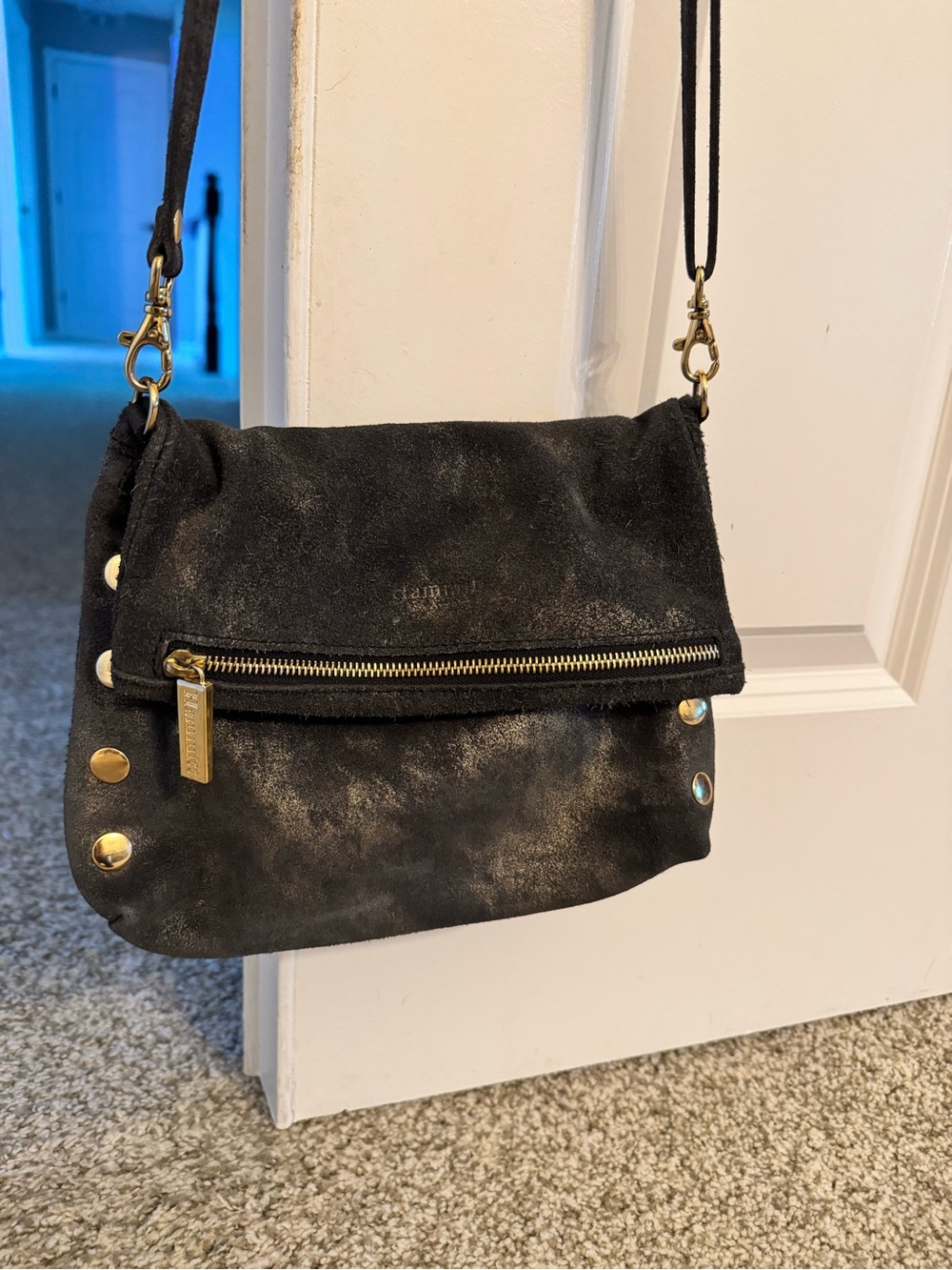 Hammitt Black Suede Crossbody with Gold Hardware